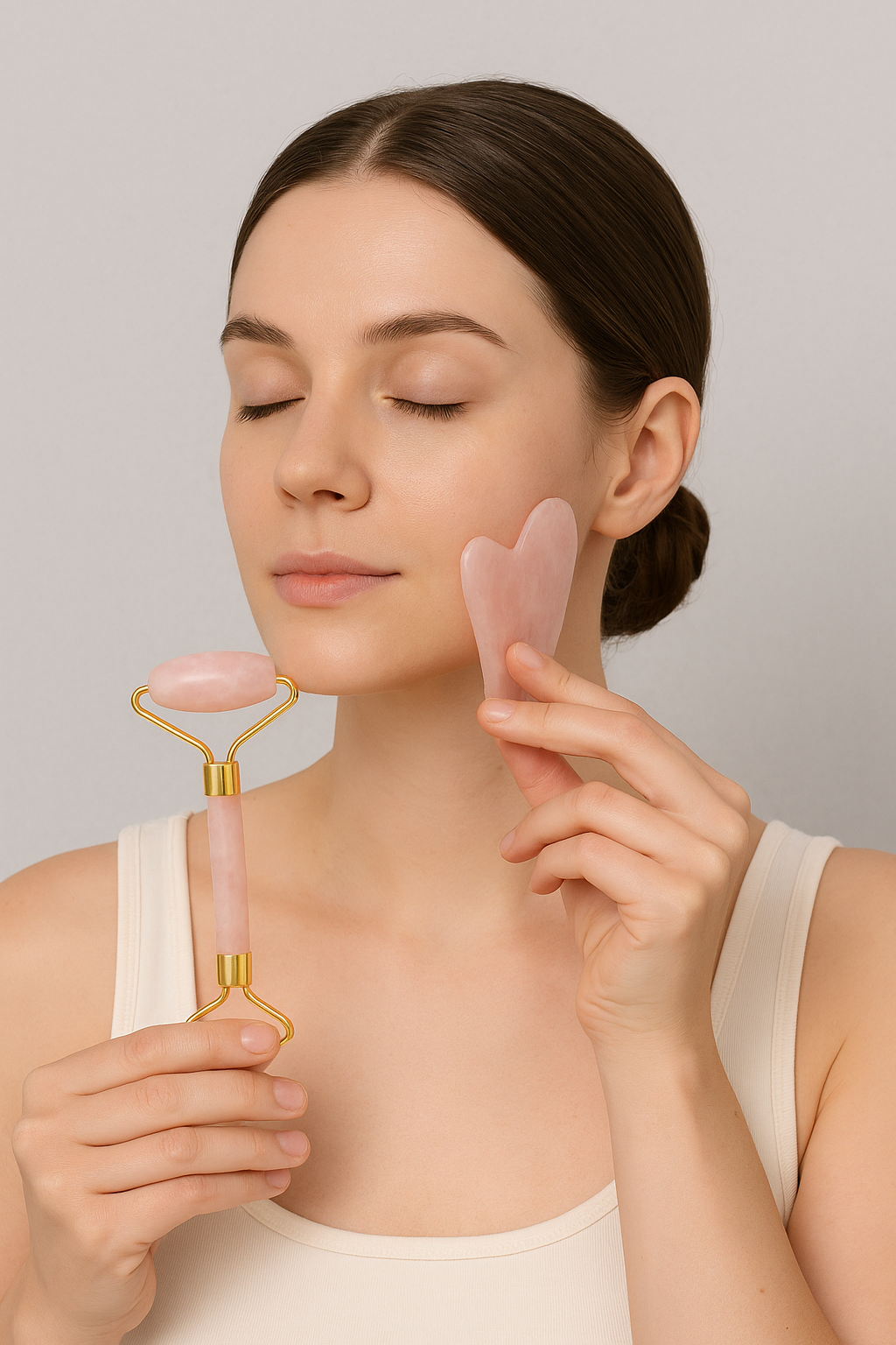 💖 Roller Visage & Gua Sha en Quartz Rose – Rituel Beauté Naturel